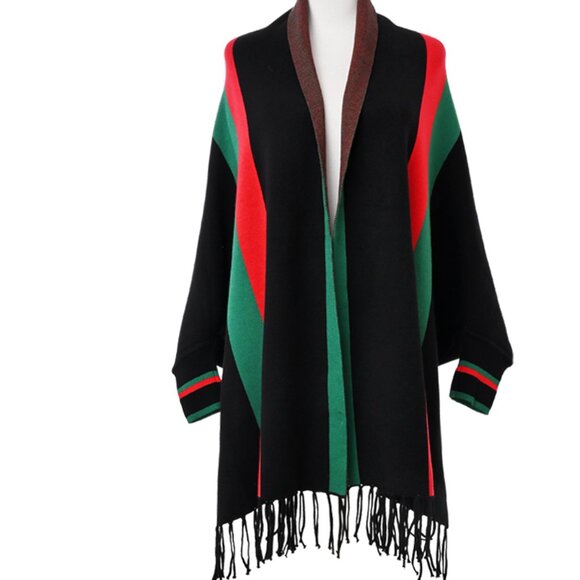 Black Green Red Color Block Sleeved Wrap Poncho - Picture 2 of 2
